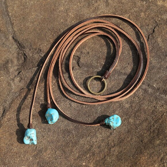 Bohemian Synthetic Turquoise Necklace Handmade Vintage Y-shaped Jewelry with Gen - Picture 6 of 8